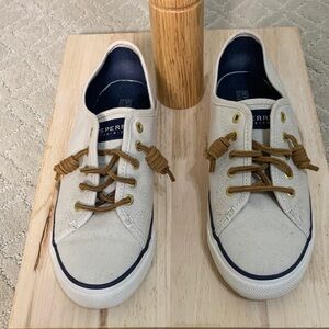 Sperry Top Sider Women’s Cream Canvas Sneakers with Brown Laces‎